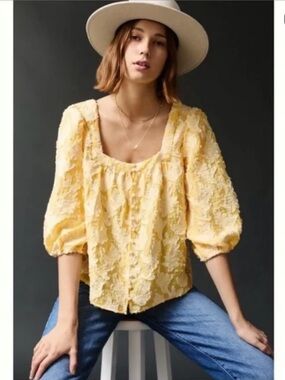 Anthropologie Puff Sleeve Yellow Textured Patterned Spring Blouse XL